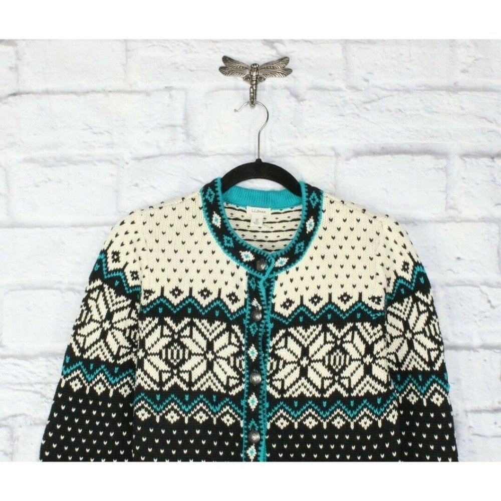 LL Bean Black Snowflakes Fair Cotton Button Down Nordic Sweater Size S - Picture 2 of 9